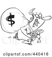 Royalty Free RF Clip Art Illustration Of A Cartoon Black And White Outline Design Of A Businessman Laughing On His Way To The Bank