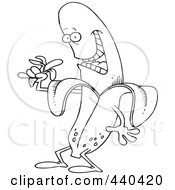Royalty Free RF Clip Art Illustration Of A Cartoon Black And White Outline Design Of A Banana Character Eating A Banana