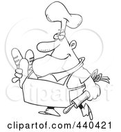 Royalty Free RF Clip Art Illustration Of A Cartoon Black And White Outline Design Of A Male Baker Carrying Bread by toonaday
