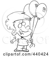 Poster, Art Print Of Cartoon Black And White Outline Design Of A Birthday Boy Holding Three Balloons
