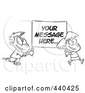 Poster, Art Print Of Cartoon Black And White Outline Design Of A Boy And Girl Carrying A Sign With Sample Text