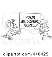 Royalty Free RF Clip Art Illustration Of A Cartoon Black And White Outline Design Of A Boy And Girl Carrying A Sign With Sample Text