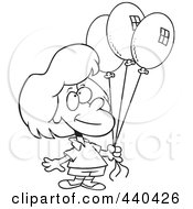 Poster, Art Print Of Cartoon Black And White Outline Design Of A Birthday Girl Holding Three Balloons
