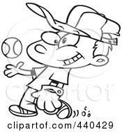 Poster, Art Print Of Cartoon Black And White Outline Design Of A Boy Tossing And Catching A Baseball