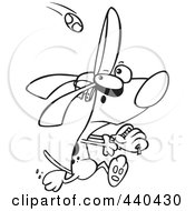 Royalty Free RF Clip Art Illustration Of A Cartoon Black And White Outline Design Of A Dog Running To Catch A Baseball