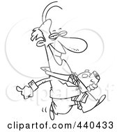 Royalty Free RF Clip Art Illustration Of A Cartoon Black And White Outline Design Of A Businessman Carrying A Piggy Bank