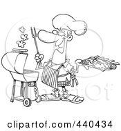 Royalty Free RF Clip Art Illustration Of A Cartoon Black And White Outline Design Of A Man Holding Ribs By His Bbq