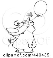 Poster, Art Print Of Cartoon Black And White Outline Design Of A Birthday Bear Holding A Balloon