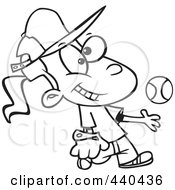 Cartoon Black And White Outline Design Of A Tomboy Girl Tossing And Catching A Baseball