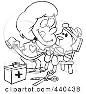 Royalty Free RF Clip Art Illustration Of A Cartoon Black And White Outline Design Of A Girl Bandaging Up Her Teddy Bear by toonaday