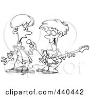 Royalty Free RF Clip Art Illustration Of A Cartoon Black And White Outline Design Of Two Boys Singing And Playing A Guitar In A Band