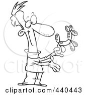 Royalty Free RF Clip Art Illustration Of A Cartoon Black And White Outline Design Of A Man Presenting A Balloon Dog