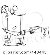 Poster, Art Print Of Cartoon Black And White Outline Design Of A Man Shooting A Bang Banner Out Of A Gun