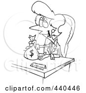 Royalty Free RF Clip Art Illustration Of A Cartoon Black And White Outline Design Of A Female Banker Giving A Loan