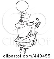 Poster, Art Print Of Cartoon Black And White Outline Design Of A Happy Man Floating With A Balloon