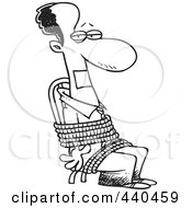Cartoon Black And White Outline Design Of A Black Businessman Gagged And Tied Up To A Chair