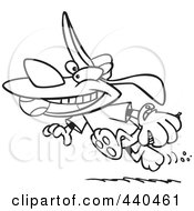 Poster, Art Print Of Cartoon Black And White Outline Design Of A Dog Running With A Baseball In His Mouth