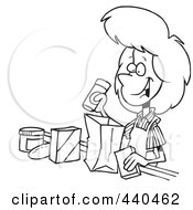 Cartoon Black And White Outline Design Of A Friendly Cashier Bagging Groceries