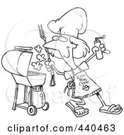 Royalty Free RF Clip Art Illustration Of A Cartoon Black And White Outline Design Of A Woman Holding A Pepper Grinder By Her BBQ
