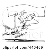 Poster, Art Print Of Cartoon Black And White Outline Design Of A Happy Businessman Running With A Blank Banner