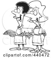 Royalty Free RF Clip Art Illustration Of A Cartoon Black And White Outline Design Of Friendly Ladies At A Bake Sale