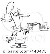 Poster, Art Print Of Cartoon Black And White Outline Design Of A Woman Shooting A Bang Banner Out Of A Gun