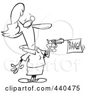 Royalty Free RF Clip Art Illustration Of A Cartoon Black And White Outline Design Of A Woman Shooting A Bang Banner Out Of A Gun