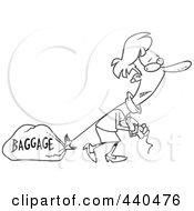 Poster, Art Print Of Cartoon Black And White Outline Design Of A Woman Pulling Heavy Baggage