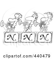 Royalty Free RF Clip Art Illustration Of A Cartoon Black And White Outline Design Of A Trumpet Band by toonaday