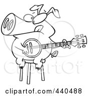 Royalty Free RF Clip Art Illustration Of A Cartoon Black And White Outline Design Of A Pig Sitting On A Stool And Playing A Banjo