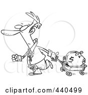 Poster, Art Print Of Cartoon Black And White Outline Design Of A Businessman Pulling A Piggy Bank In A Wagon