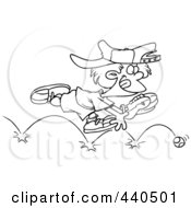 Poster, Art Print Of Cartoon Black And White Outline Design Of A Boy Chasing A Bouncing Baseball