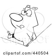Poster, Art Print Of Cartoon Black And White Outline Design Of A Nervous Bear Walking A Tight Rope