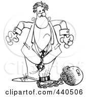 Poster, Art Print Of Cartoon Black And White Outline Design Of A Businessman Shackled To A Ball And Chain