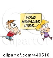 Poster, Art Print Of Cartoon Boy And Girl Carrying A Sign With Sample Text