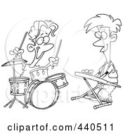 Poster, Art Print Of Cartoon Black And White Outline Design Of Boys Drumming And Keyboarding In A Band