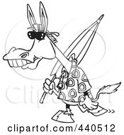 Royalty Free RF Clip Art Illustration Of A Cartoon Black And White Outline Design Of A Summer Donkey Carrying A Beach Umbrella