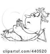 Royalty Free RF Clip Art Illustration Of A Cartoon Black And White Outline Design Of A Chubby Woman Reading A Romance Novel And Sun Bathing In A Beach Chair