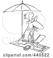 Poster, Art Print Of Cartoon Black And White Outline Design Of A Man Working On The Beach
