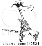 Poster, Art Print Of Cartoon Black And White Outline Design Of A Summer Lizard Walking On A Beach