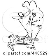 Royalty Free RF Clip Art Illustration Of A Cartoon Black And White Outline Design Of A Happy Woman Sun Bathing In A Beach Chair