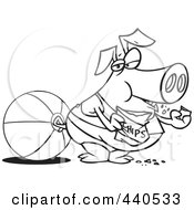 Poster, Art Print Of Cartoon Black And White Outline Design Of A Fat Pig Eating Chips On A Beach