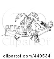 Royalty Free RF Clip Art Illustration Of A Cartoon Black And White Outline Design Of A Beach Bum Man Tanning By A Sand Castle by toonaday
