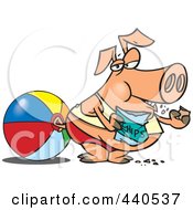 Cartoon Fat Pig Eating Chips On A Beach
