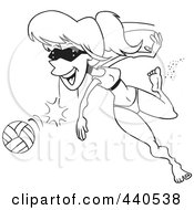 Poster, Art Print Of Cartoon Black And White Outline Design Of A Summer Woman Playing Beach Volleyball