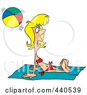 Royalty Free RF Clip Art Illustration Of A Cartoon Summer Woman Getting Hit By A Beach Ball While Sun Bathing by toonaday