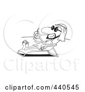 Cartoon Black And White Outline Design Of A Middle Eastern Man Sun Bathing On A Beach