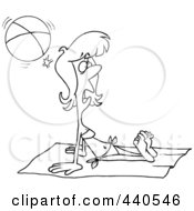 Royalty Free RF Clip Art Illustration Of A Cartoon Black And White Outline Design Of A Summer Woman Getting Hit By A Beach Ball While Sun Bathing