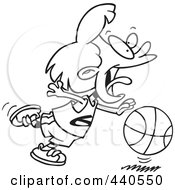 Poster, Art Print Of Cartoon Black And White Outline Design Of A Basketball Girl Dribbling