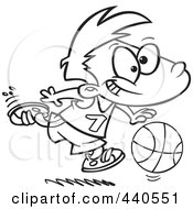 Poster, Art Print Of Cartoon Black And White Outline Design Of A Basketball Boy Dribbling